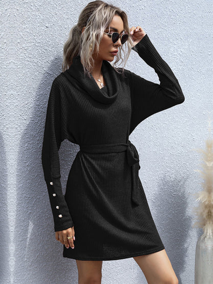 Sweater Dresses- Autumn Solid Knit Cowl Neck Sweater Tie-Waist Dress- Black- Pekosa Women Clothing