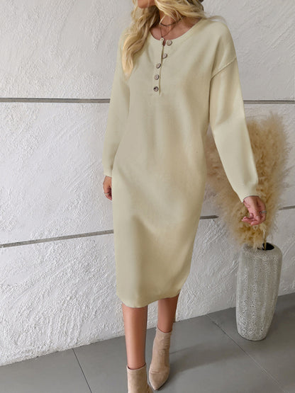 Sweater Dresses- Casual Knit Seam Half-Button Round Neck Sweater Dress- - Pekosa Women Clothing