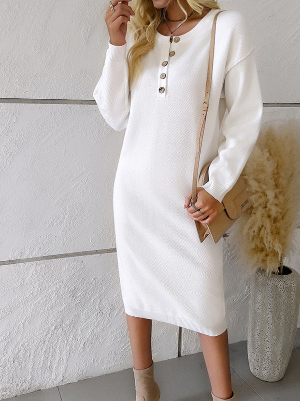 Sweater Dresses- Casual Knit Seam Half-Button Round Neck Sweater Dress- - Pekosa Women Clothing