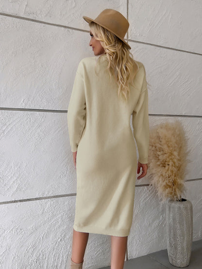 Sweater Dresses- Casual Knit Seam Half-Button Round Neck Sweater Dress- - Pekosa Women Clothing