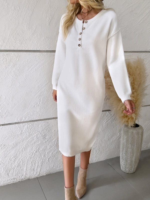 Sweater Dresses- Casual Knit Seam Half-Button Round Neck Sweater Dress- - Pekosa Women Clothing