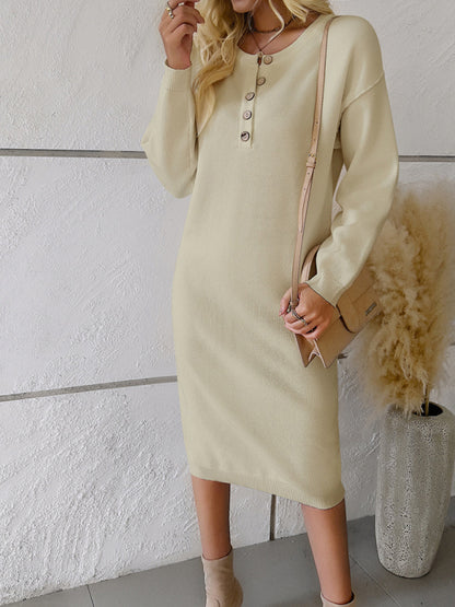 Sweater Dresses- Casual Knit Seam Half-Button Round Neck Sweater Dress- Cracker khaki- Pekosa Women Clothing