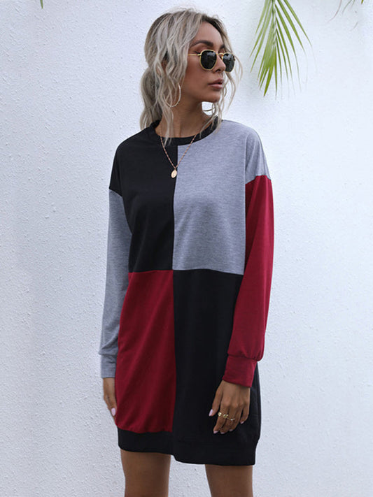 Sweater Dresses- Color Block Cotton Round Neck Sweater Dress- Grey- Pekosa Women Clothing