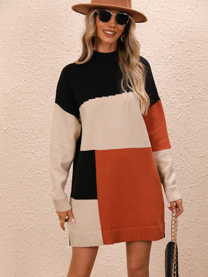 Sweater Dresses- Color Block Knit Dress - Oversized Fall-Winter Long Sweater- Black- Pekosa Women Clothing