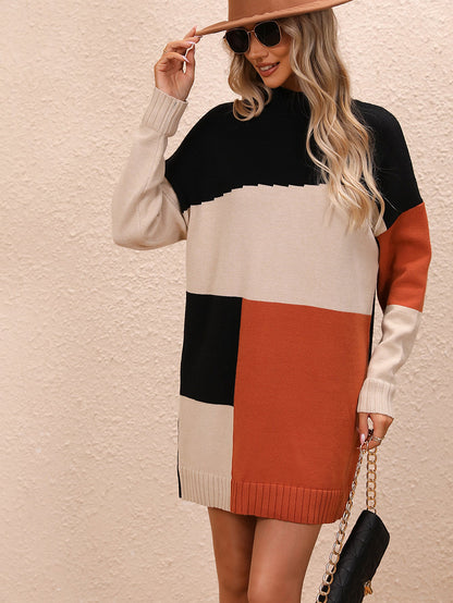 Sweater Dresses- Color Block Knit Dress - Oversized Fall-Winter Long Sweater- - Pekosa Women Clothing