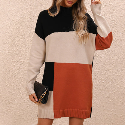 Sweater Dresses- Color Block Knit Dress - Oversized Fall-Winter Long Sweater- - Pekosa Women Clothing