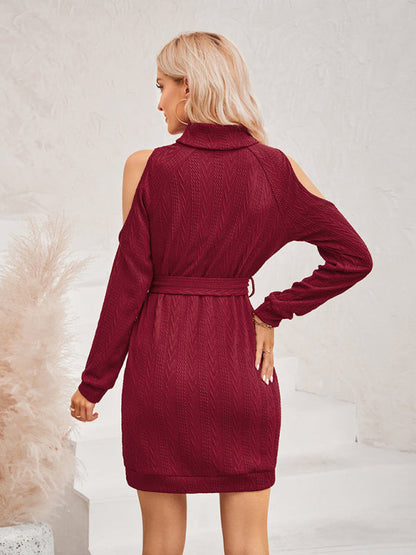 Sweater Dresses- Cozy Knitted Cold Shoulder High Neck Sweater Dress with Belt- - Pekosa Women Clothing