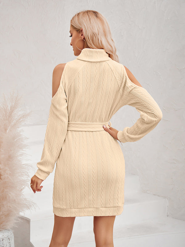 Sweater Dresses- Cozy Knitted Cold Shoulder High Neck Sweater Dress with Belt- - Pekosa Women Clothing