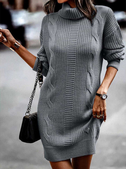 Sweater Dresses- Cozy Turtleneck Jumper | Cable Knit Mid-Length Sweater Dress- Grey- Pekosa Women Clothing