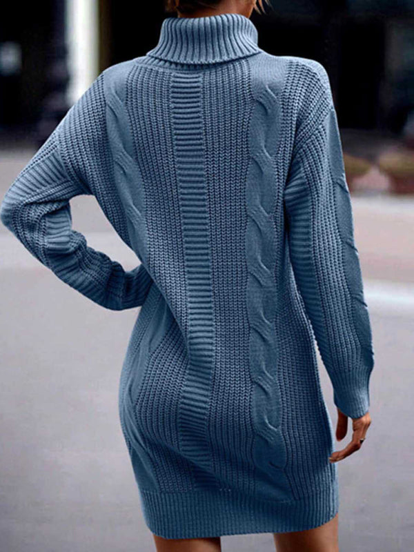 Sweater Dresses- Cozy Turtleneck Jumper | Cable Knit Mid-Length Sweater Dress- - Pekosa Women Clothing