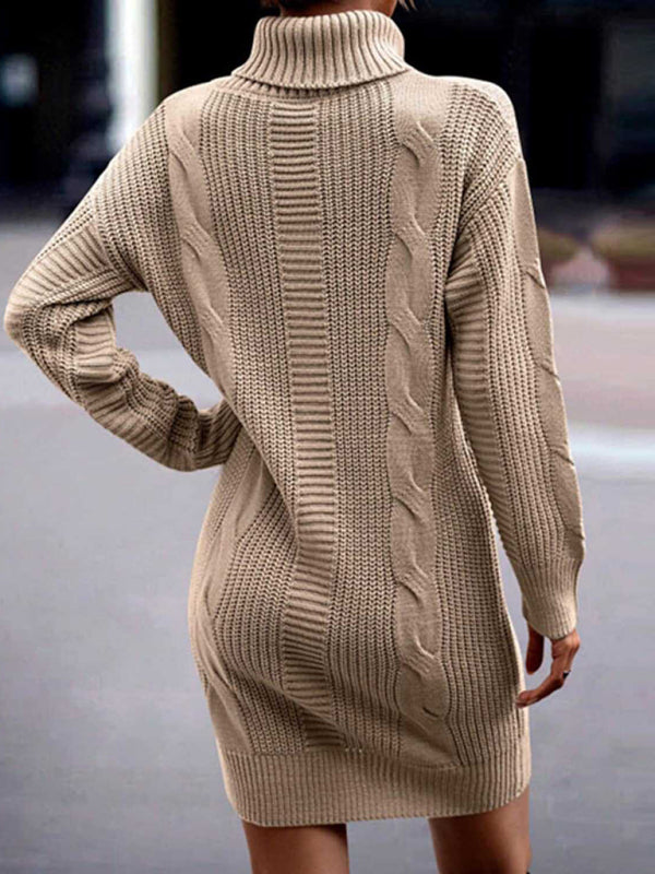Sweater Dresses- Cozy Turtleneck Jumper | Cable Knit Mid-Length Sweater Dress- - Pekosa Women Clothing