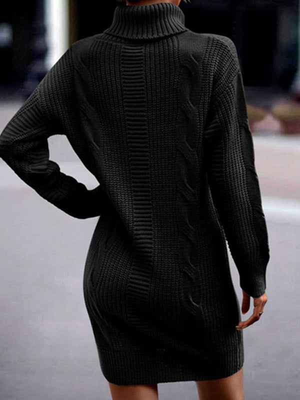 Sweater Dresses- Cozy Turtleneck Jumper | Cable Knit Mid-Length Sweater Dress- - Pekosa Women Clothing