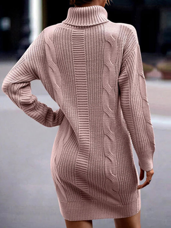 Sweater Dresses- Cozy Turtleneck Jumper | Cable Knit Mid-Length Sweater Dress- - Pekosa Women Clothing