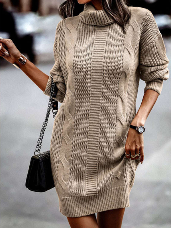 Sweater Dresses- Cozy Turtleneck Jumper | Cable Knit Mid-Length Sweater Dress- Khaki- Pekosa Women Clothing