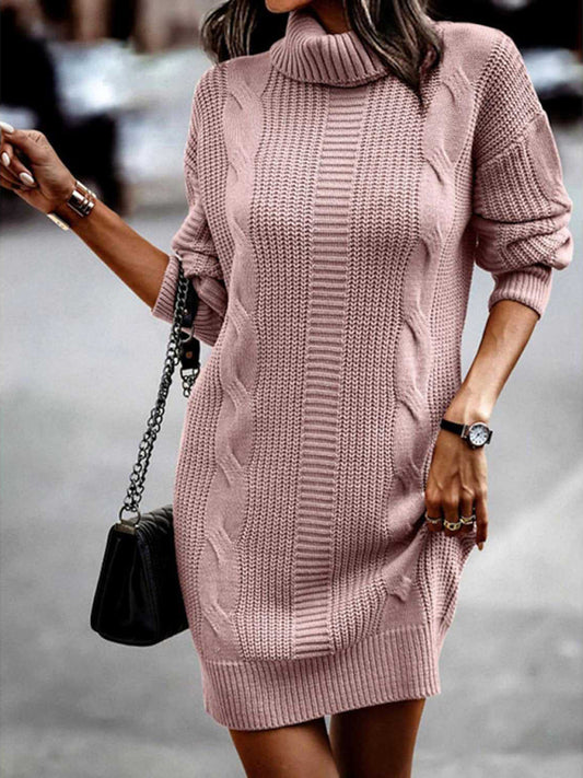 Sweater Dresses- Cozy Turtleneck Jumper | Cable Knit Mid-Length Sweater Dress- Pink- Pekosa Women Clothing