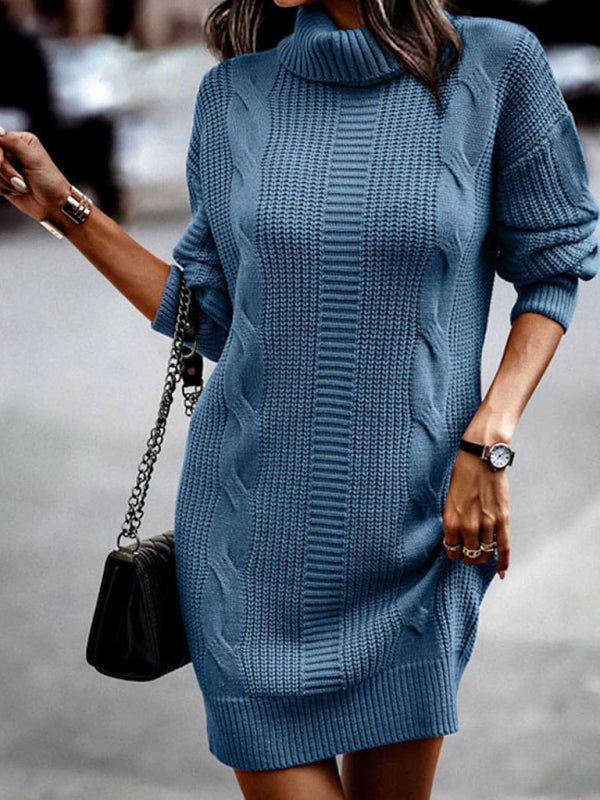 Sweater Dresses- Cozy Turtleneck Jumper | Cable Knit Mid-Length Sweater Dress- Blue- Pekosa Women Clothing