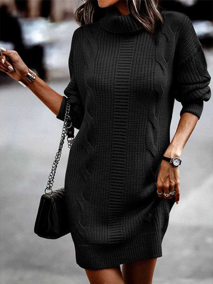 Sweater Dresses- Cozy Turtleneck Jumper | Cable Knit Mid-Length Sweater Dress- Black- Pekosa Women Clothing