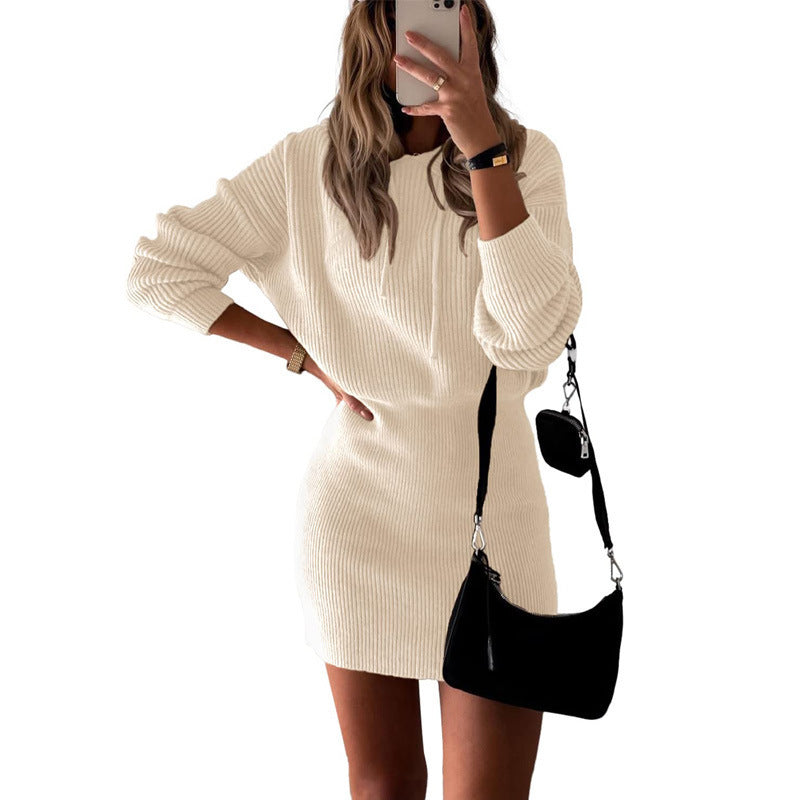 Sweater Dresses- Hooded Hug: Ribbed Knit Bodycon Blouson Sweater Dress- White- Pekosa Women Clothing