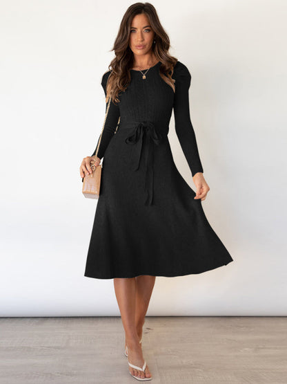 Sweater Dresses- Knit Sweater Belted Dress with Ribbed & Cable Detail, Puff Sleeve- Black- Pekosa Women Clothing