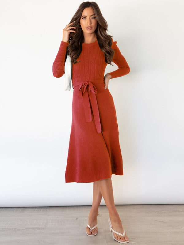 Sweater Dresses- Knit Sweater Belted Dress with Ribbed & Cable Detail, Puff Sleeve- - Pekosa Women Clothing