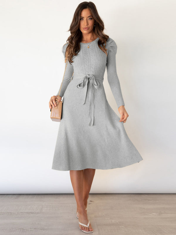 Sweater Dresses- Knit Sweater Belted Dress with Ribbed & Cable Detail, Puff Sleeve- - Pekosa Women Clothing