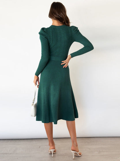 Sweater Dresses- Knit Sweater Belted Dress with Ribbed & Cable Detail, Puff Sleeve- - Pekosa Women Clothing