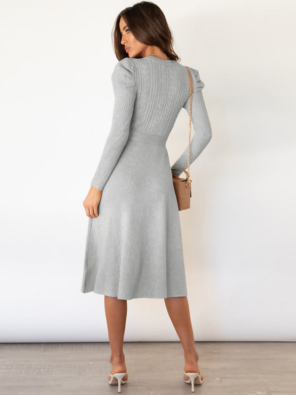 Sweater Dresses- Knit Sweater Belted Dress with Ribbed & Cable Detail, Puff Sleeve- - Pekosa Women Clothing