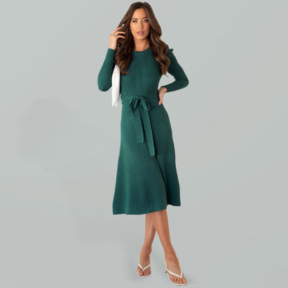 Sweater Dresses- Knit Sweater Belted Dress with Ribbed & Cable Detail, Puff Sleeve- Dark green- Pekosa Women Clothing