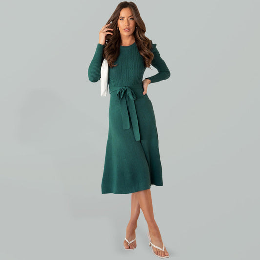 Sweater Dresses- Knit Sweater Belted Dress with Ribbed & Cable Detail, Puff Sleeve- Dark green- Pekosa Women Clothing