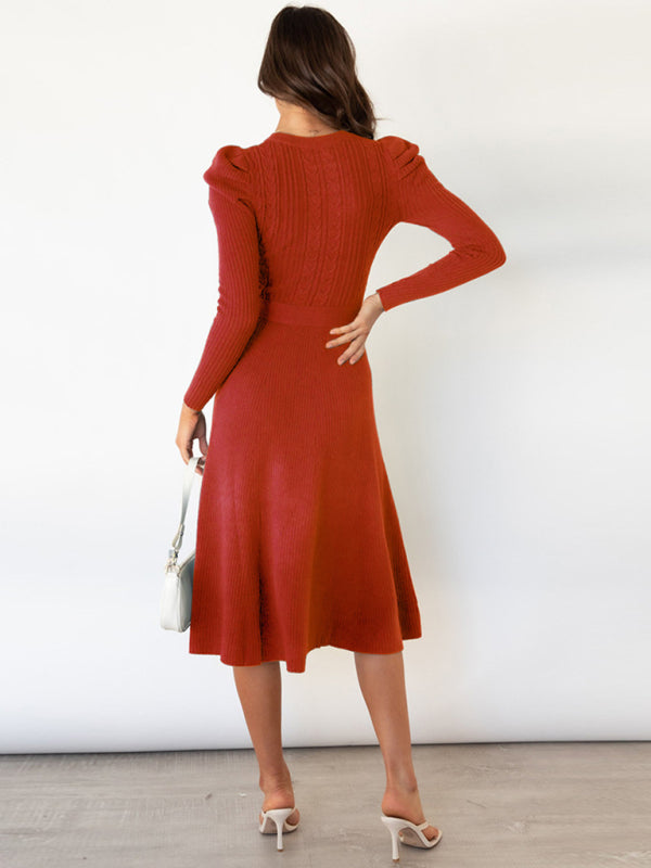 Sweater Dresses- Knit Sweater Belted Dress with Ribbed & Cable Detail, Puff Sleeve- - Pekosa Women Clothing