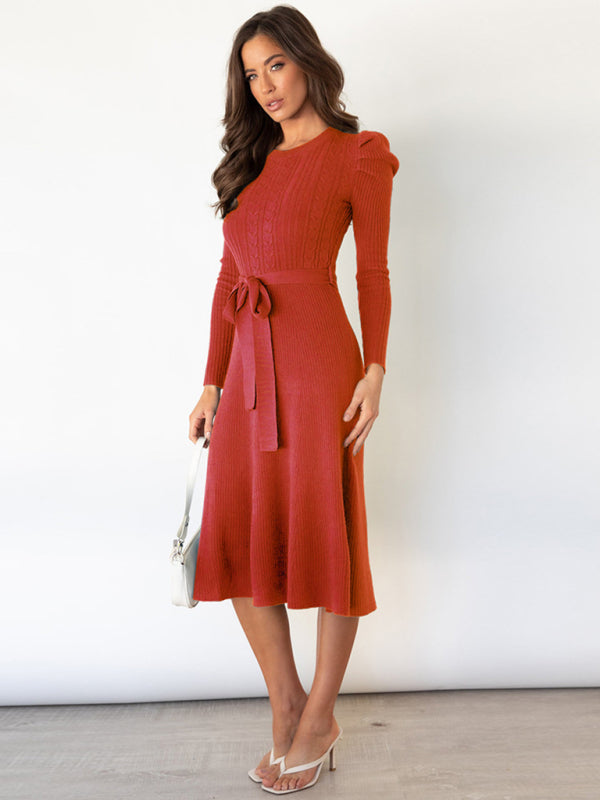 Sweater Dresses- Knit Sweater Belted Dress with Ribbed & Cable Detail, Puff Sleeve- Red- Pekosa Women Clothing