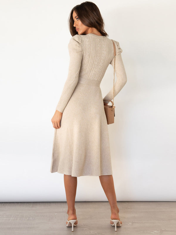 Sweater Dresses- Knit Sweater Belted Dress with Ribbed & Cable Detail, Puff Sleeve- - Pekosa Women Clothing