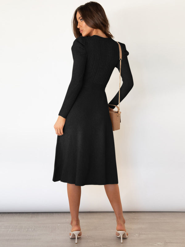 Sweater Dresses- Knit Sweater Belted Dress with Ribbed & Cable Detail, Puff Sleeve- - Pekosa Women Clothing