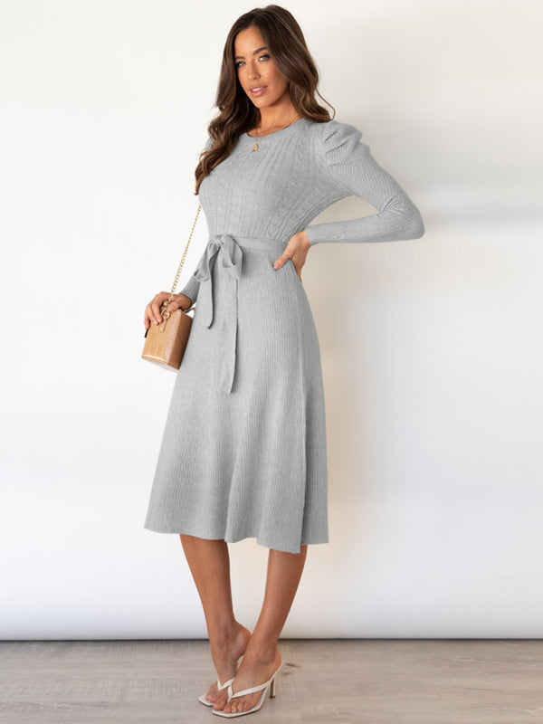 Sweater Dresses- Knit Sweater Belted Dress with Ribbed & Cable Detail, Puff Sleeve- Grey- Pekosa Women Clothing