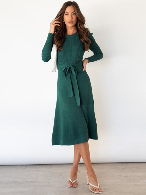 Sweater Dresses- Knit Sweater Belted Dress with Ribbed & Cable Detail, Puff Sleeve- - Pekosa Women Clothing