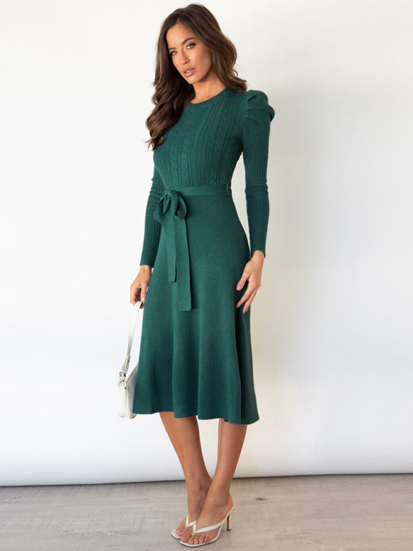 Sweater Dresses- Knit Sweater Belted Dress with Ribbed & Cable Detail, Puff Sleeve- - Pekosa Women Clothing