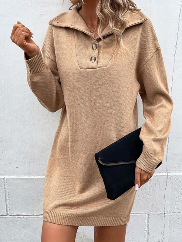 Sweater Dresses- Knit Sweater Dress with Ribbed Accents - Button-Down knitwear- - Pekosa Women Clothing