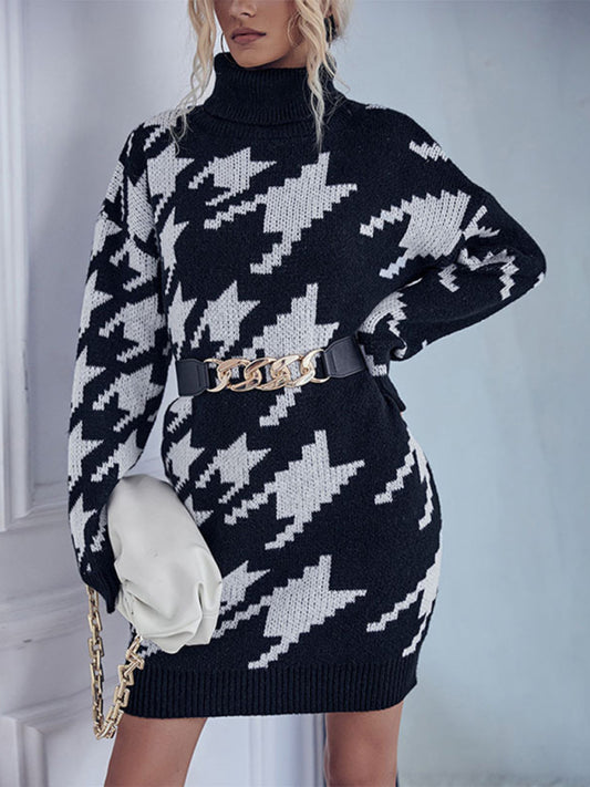 Sweater Dresses- Knitted High Neck Houndstooth Sweater Dress- Black- Pekosa Women Clothing