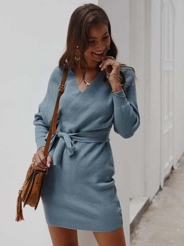 Sweater Dresses- Knitting Cotton Surplice V-Neck Belted Sweater Dress with Bat Sleeves- - Pekosa Women Clothing