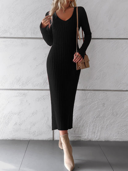 Sweater Dresses- Knitwear V-Neck Ribbed Sweater Maxi Dress- - Pekosa Women Clothing