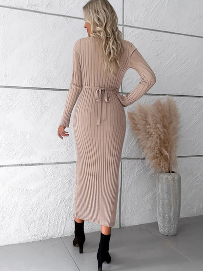 Sweater Dresses- Knitwear V-Neck Ribbed Sweater Maxi Dress- - Pekosa Women Clothing