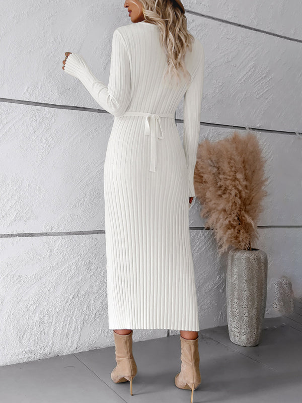 Sweater Dresses- Knitwear V-Neck Ribbed Sweater Maxi Dress- - Pekosa Women Clothing