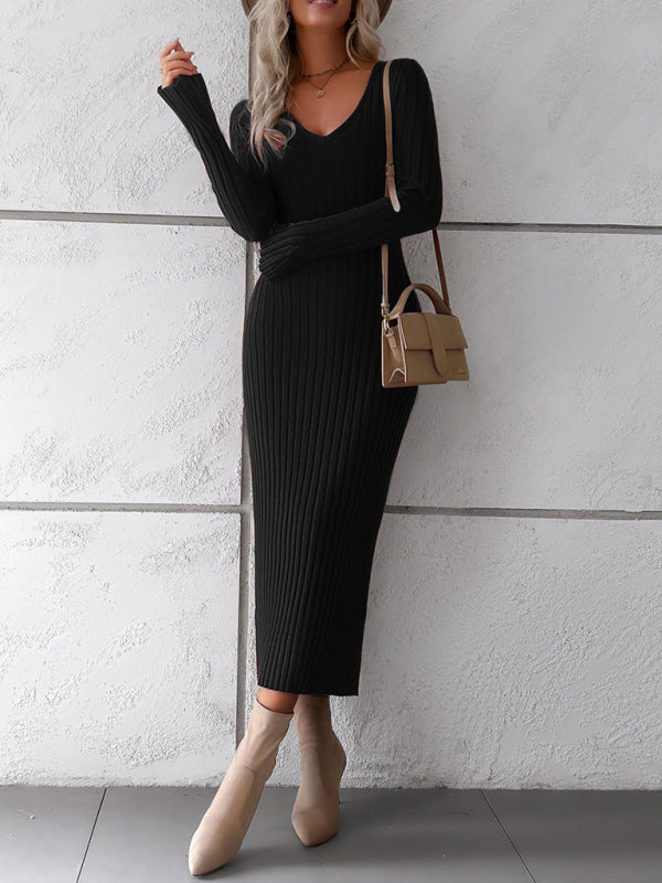 Sweater Dresses- Knitwear V-Neck Ribbed Sweater Maxi Dress- - Pekosa Women Clothing