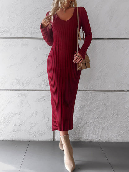 Sweater Dresses- Knitwear V-Neck Ribbed Sweater Maxi Dress- Wine Red- Pekosa Women Clothing