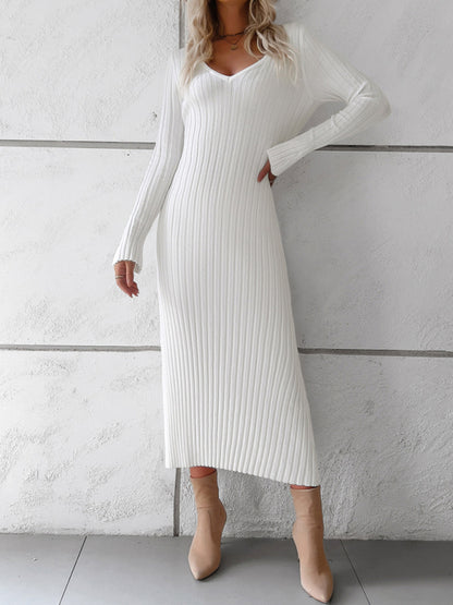 Sweater Dresses- Knitwear V-Neck Ribbed Sweater Maxi Dress- - Pekosa Women Clothing