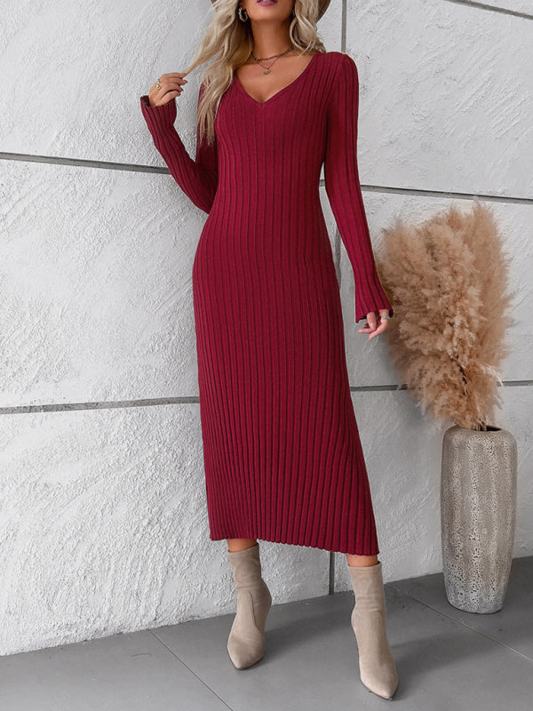 Sweater Dresses- Knitwear V-Neck Ribbed Sweater Maxi Dress- - Pekosa Women Clothing