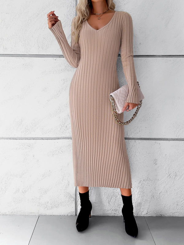 Sweater Dresses- Knitwear V-Neck Ribbed Sweater Maxi Dress- - Pekosa Women Clothing