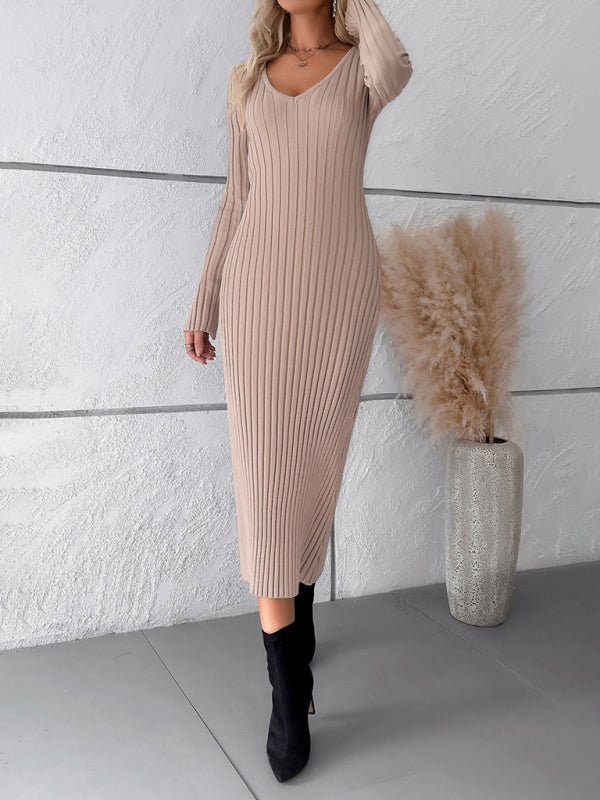 Sweater Dresses- Knitwear V-Neck Ribbed Sweater Maxi Dress- - Pekosa Women Clothing