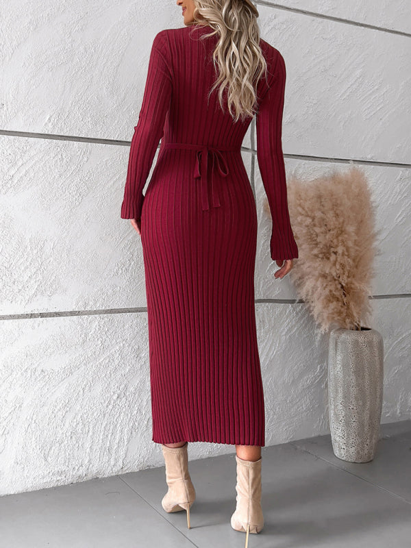 Sweater Dresses- Knitwear V-Neck Ribbed Sweater Maxi Dress- - Pekosa Women Clothing