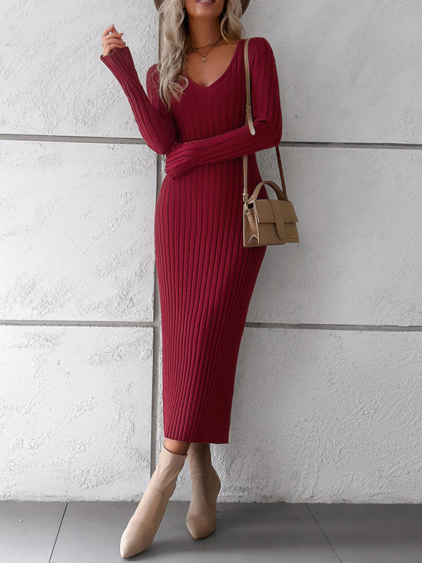 Sweater Dresses- Knitwear V-Neck Ribbed Sweater Maxi Dress- - Pekosa Women Clothing